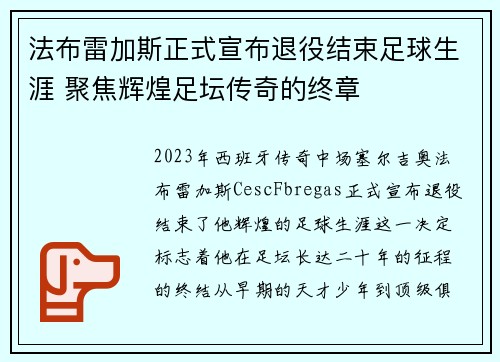 法布雷加斯正式宣布退役结束足球生涯 聚焦辉煌足坛传奇的终章